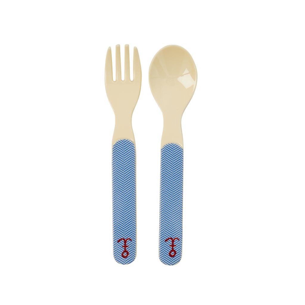 Kinderbesteck-Set Gabel und Löffel, blau/weiß mit Anker